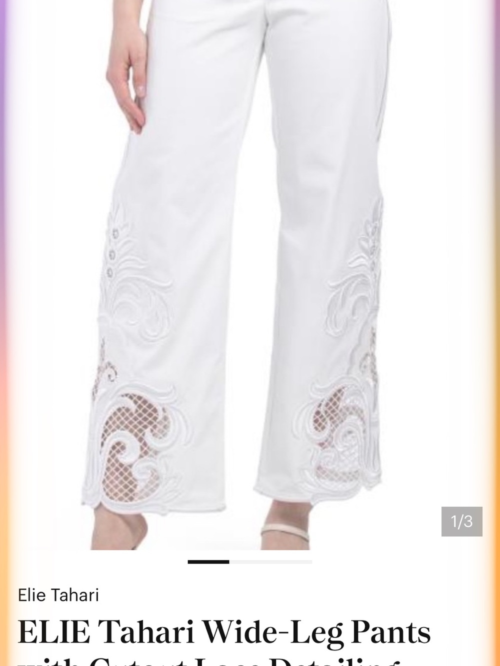 Elie Tahari White Wide-Leg Pants with Lace Cutout Embroidery